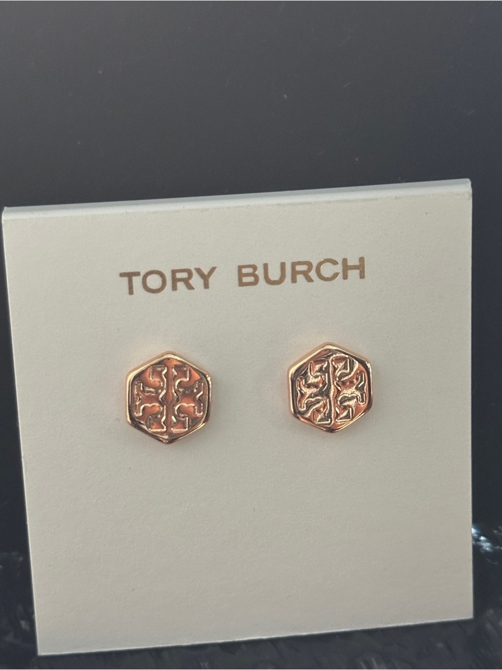 Tory Burch Hex Logo Stud Earrings | Rose Gold Tone | Signature Double T
